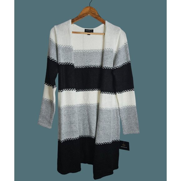 2/$35 -Fortune +Ivy Open Front Long Duster Style Striped Cardigan Women S - Picture 1 of 8